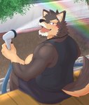 anthro blush brown_body brown_fur clothing countershading eyebrows fur male muscular muscular_anthro muscular_male rear_view shirt solo tank_top thick_eyebrows topwear water_hose shi_ba_ki_chi lifewonders live_a_hero pubraseer canid canine canis domestic_dog mammal hi_res