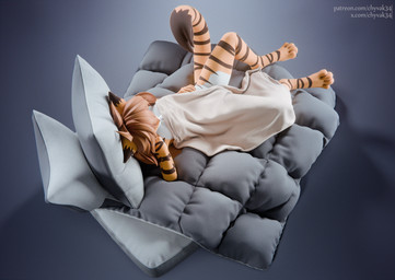 anthro bed black_tail_tip brown_hair digitigrade dipstick_ears dipstick_tail ear_markings feet female fur furniture hair lying lying_on_bed markings multicolored_ears nude on_back on_bed orange_body orange_fur pillow solo striped_body striped_fur striped_markings striped_tail stripes tail tail_markings text white_body white_fur chyvak twokinds flora_(twokinds) felid keidran mammal pantherine tiger 2025 3d_(artwork) digital_media_(artwork) hi_res url