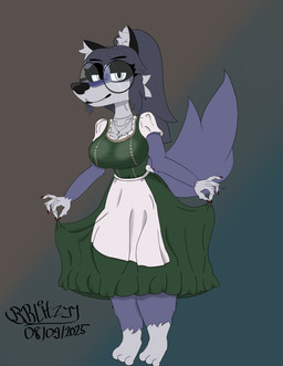 anthro bedroom_eyes big_breasts black_nose blue_body blue_fur breasts clothed clothing clothing_lift colored_nails curtsey dirndl dress dress_lift eyewear feet female fur glasses hair half-closed_eyes jewelry nails narrowed_eyes necklace ponytail round_glasses seductive solo bblitzyy ruth_(bblitzyy) canid canine canis mammal wolf absurd_res hi_res