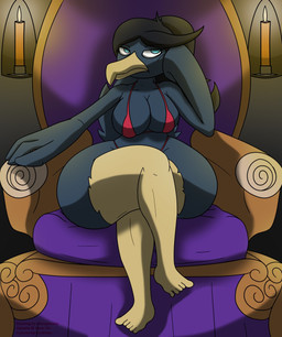 anthro beak big_breasts bikini black_hair blue_body blue_eyes blue_feathers bored breasts chair clothing crossed_legs curvy_figure dark_body dark_feathers feathers feet female furniture hair hand_on_head huge_hips huge_thighs long_hair narrowed_eyes non-mammal_breasts pokemorph ponytail red_bikini red_clothing red_swimwear sitting solo swimwear thick_thighs throne two-piece_swimsuit wide_hips yellow_beak yellow_feet lordfriez miso_souperstar third-party_edit nintendo pokemon ophelia_(miso_souperstar) avian bird corvid corvus_(genus) crow generation_2_pokemon murkrow oscine passerine pokemon_(species) 2018 color_edit colored digital_media_(artwork) hi_res