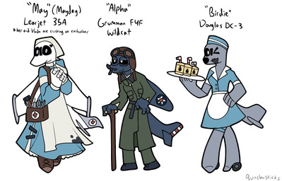 1950s_theme aircraft anthro black_sclera cane clothing female grey_body group machine nurse_clothing nurse_uniform serving_beverage tools trio uniform vehicle veteran white_body bunchasticks bombardier douglas_dc-3 f4f_wildcat learjet_35 mcdonnell_douglas northrop_grumman alpha_(bunchasticks) birdie_(bunchasticks) mayday_(bunchasticks) aeromorph living_aircraft living_machine living_vehicle hi_res model_sheet