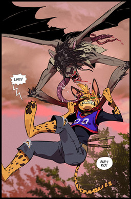3_toes action_pose anthro arnis barefoot bat_wings being_attacked belt bisected black_hair blood blood_in_mouth blood_on_face bodily_fluids bottomwear bracelet brown_body brown_fur brown_pawpads carrying_another claws clenched_teeth clothing collar denim denim_bottomwear denim_clothing detailed_background dialogue duo ear_piercing ear_ring feet female female_anthro fur gore green_eyes guts hair hair_over_eyes head_tuft intestines jeans jersey jewelry long_sleeves long_tail long_tongue looking_at_another markings membrane_(anatomy) membranous_wings midair organs pants pawpads paws piercing pointy_ears pose ring_piercing saliva shirt snout soles speech_bubble spinal_cord spots spotted_body spotted_fur strangling tail teeth text toe_claws toes tongue topwear torn_bottomwear torn_clothing torn_jeans torn_pants tuft wings yellow_body yellow_fur ruffu pepper_in_the_sandbox philippine_mythology pepper_(ruffu) felid feline mammal manananggal serval 2025 colored detailed digital_drawing_(artwork) digital_media_(artwork) filipino_text hiligaynon_text shaded