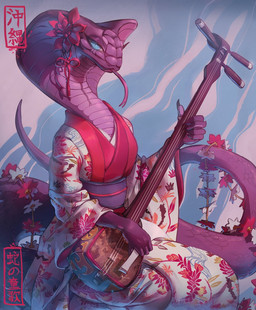 anthro asian_clothing bachi blue_eyes clothed clothing east_asian_clothing female forked_tongue holding_object japanese_clothing kimono looking_at_viewer musical_instrument plucked_string_instrument purple_body purple_scales scales serpentine shamisen simple_background solo string_instrument tongue tongue_out lushminda reptile scalie snake 2020 digital_media_(artwork) hi_res