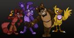 anthro beak bib bow_(feature) bow_tie brown_body brown_fur clothing eye_patch eyewear fur gold_(metal) gold_tooth grey_background group hat headgear headwear hook hook_hand machine male pirate simple_background top_hat skdaffle five_nights_at_freddy's scottgames bonnie_(fnaf) chica_(fnaf) foxy_(fnaf) freddy_(fnaf) animatronic avian bear bird canid canine chicken fox galliform gallus_(genus) lagomorph leporid mammal phasianid rabbit robot