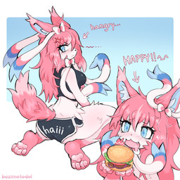 anthro anthrofied athletic_wear blue_eyes bottomwear bow_ribbon bra burger butt clothing eating eating_food female food frown fur gym_bottomwear gym_shorts hair happy hotpants kneeling pink_body pink_fur pink_hair pink_tail rear_view shorts smile solo sports_bra tail underwear white_body white_fur bezimotodol nintendo pokemon eeveelution generation_6_pokemon pokemon_(species) sylveon 1:1 absurd_res hi_res