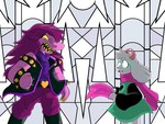 abs angry anthro belt bodily_fluids bracelet clothing collared_shirt delta_rune_(emblem) dress_shirt duo eye_contact female fist footwear hair jacket jewelry long_hair looking_at_another male pattern_background scared scarf shirt shoes simple_background spiked_bracelet spikes stained_glass symbol tears topwear chaosimp2006 deltarune undertale undertale_(series) ralsei susie_(deltarune) bovid caprine dinosaur goat mammal prehistoric_species reptile scalie 4:3 absurd_res hi_res
