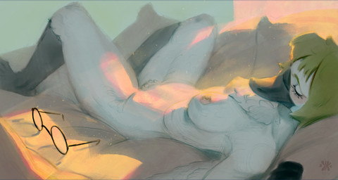 anthro areola beak bed_sheet bedding biped black_beak blonde_hair blush breasts eyelashes eyewear face_blush female female_anthro fluffy fluffy_chest glasses hair lying nipples nude on_back pillow pubes scuted_legs scutes sleeping soft_lighting solo white_body durtyanko leda_(generalh0rs3) anatid anseriform anserine avian bird swan