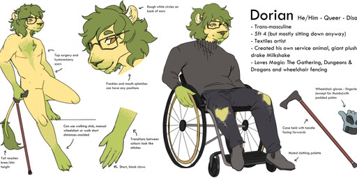 anthro blue_clothing blue_gloves blue_handwear bottomwear brown_eyes clothed clothing eyewear featureless_crotch footwear fur glasses gloves green_body green_fur grey_bottomwear grey_clothing grey_footwear grey_pants grey_shoes grey_topwear handwear male male_anthro mastectomy_scar mouth_closed nude pants rectangular_glasses scar shoes simple_background sitting solo text topwear torn_bottomwear torn_clothing torn_pants vehicle walking_cane wheelchair white_background yellow_body yellow_fur lionfloof dorian_(lionfloof) felid lion mammal pantherine english_text hi_res model_sheet trans_(lore) trans_man_(lore)