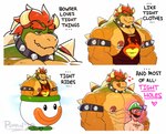 abs anthro armband barazoku big_muscles blue_eyes blush bodily_fluids body_hair brown_hair chest_hair clothed clothing collar duo facial_hair hair hat hat_only headgear headgear_only headwear headwear_only horn humor imminent_sex koopa_clown_car larger_anthro larger_male licking licking_lips male male/male manly mostly_nude muscular muscular_anthro muscular_male mustache nipple_piercing nipples non-mammal_nipples nude pecs piercing red_eyes red_hair shell shirt simple_background size_difference smaller_human smaller_male smug spiked_armband spiked_collar spiked_shell spikes spikes_(anatomy) sweat sweatdrop tank_top text tight_clothing tongue tongue_out topwear torn_clothing white_background conditional_dnp poppin mario_bros nintendo bowser luigi human mammal reptile scalie 2022 english_text hi_res