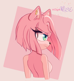 anthro black_nose breasts countershade_arms countershade_face countershading ear_piercing ear_ring eyelashes featureless_breasts female green_eyes hair nude piercing pink_body pointy_ears rear_view ring_piercing short_hair simple_background solo thick_eyelashes dayanrose sega sonic_the_hedgehog_(series) amy_rose eulipotyphlan hedgehog mammal bust_portrait hi_res portrait watermark