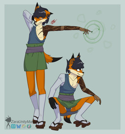 anthro belt black_body black_fur black_hair blue_clothing blue_robe blue_topwear blue_underwear bodily_fluids bottomwear clothed clothing countershading crouching exposed_chest footwear frown fur green_bottomwear green_clothing green_magic green_skirt hair hand_behind_head hands_on_knees hands_on_legs magic magic_user male no_pupils one_sleeve_top orange_body orange_fur partially_exposed prosthetic prosthetic_arm prosthetic_hand prosthetic_limb purple_belt robe short_hair simple_background skirt smile smirk socks solo standing stretching tan_body tan_countershading tan_fur teal_background tears tired tired_eyes topwear underwear white_clothing white_footwear white_socks wooden_sandals zaraunitymasters rokus_(zaraunitymasters) canid canine fox mammal hi_res watermark