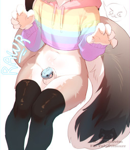 anthro balls big_ears bottomless bottomless_male bottomwear chastity_cage chastity_device claws clothed clothing cropped_hoodie ears_down femboy finger_claws fluffy fluffy_tail fur genitals hair legwear male midriff multicolored_clothing navel penis pivoted_ears rainbow_clothing rainbow_hoodie sitting skirt solo tail tan_body tan_fur text yukidrimurr rudy_(katsucoffee) lagomorph leporid mammal rabbit absurd_res hi_res