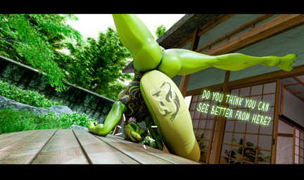 3_toes anthro anthrofied anus architecture back_tattoo breasts butt day dialogue dutch_angle east_asian_architecture emanata feet female flexible flower_on_head genitals glistening glistening_body glistening_scales green_body green_scales handstand long_tail looking_at_viewer looking_back looking_back_at_viewer navel nipples non-mammal_breasts non-mammal_navel non-mammal_nipples nude nude_anthro nude_female outdoor_nudity outside plant rear_view scales sky smile smiling_at_viewer solo splits spread_legs spreading tail tail_tattoo talking_to_viewer tattoo teal_sclera text thick_tail thick_thighs toes tree upside_down vulva wide_hips yoga impaer_jaster da.nilkaz_(modeler) dreamworks kung_fu_panda master_viper reptile scalie snake viper 3d_(artwork) absurd_res digital_media_(artwork) english_text hi_res letterbox watermark