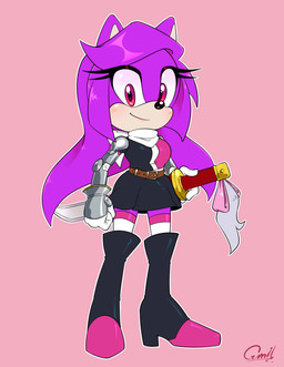 4_fingers anthro bangs belt belt_buckle black_clothing black_dress black_high_heeled_boots black_nose blush blush_lines boots breasts brown_belt buckle closed_smile clothed clothed_anthro clothed_female clothing dress eyelashes female female_anthro fingers fist footwear fur gloves hair handwear high_heeled_boots high_heels holding_melee_weapon holding_object holding_sword holding_weapon kerchief light lips long_hair melee_weapon mouth_closed multicolored_clothing multicolored_dress neckerchief neckwear no_eyebrows outline pink_background pink_lips purple_body purple_fur purple_hair shoes simple_background smile smiling_at_viewer solo sword tan_body tan_inner_ear tan_skin text thick_bottom_lip weapon white_clothing white_gloves white_handwear white_kerchief white_knee_socks white_neckerchief white_outline gmil sega sonic_the_hedgehog_(series) fan_character zeki_(eiffia) domestic_cat felid feline felis mammal 2021 artist_name colored digital_drawing_(artwork) digital_media_(artwork) english_description hi_res lighting shaded