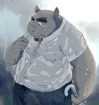 anthro belly blush bottomwear clothing horn humanoid_hands kemono male outside overweight overweight_anthro overweight_male pants raining shirt solo topwear wet train_(artist) mammal rhinoceros 2013