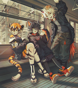4_toes 5_fingers anthro black_body black_fur black_hair boots bottomwear claws clothing detailed_background ear_piercing ear_ring feet female fingers footwear fur group hair hair_over_eye hoodie horn jacket kemono long_hair looking_at_viewer looking_away male multicolored_body multicolored_fur one_eye_obstructed orange_body orange_fur orange_hair orange_tail pants piercing public_transportation rapid_transit ring_piercing shirt shoes shorts sitting smile smiling_at_viewer striped_body striped_fur stripes subway t-shirt tail toes topwear trio white_body white_fur white_hair yellow_eyes evv_uu arknights hypergryph studio_montagne aak_(arknights) hung_(arknights) waai_fu_(arknights) canid canine canis domestic_cat domestic_dog felid feline felis mammal pantherine tiger 2024 absurd_res hi_res portrait