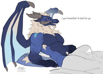 4_horns anthro arm_tuft armpit_hair big_muscles big_pecs biped blue_body body_hair claws duo elbow_tuft erection_under_blanket finger_claws horn male mane membrane_(anatomy) membranous_wings multi_horn multicolored_body muscular muscular_anthro muscular_male orange_eyes pecs pubes smile smiling_at_viewer talking_to_viewer text tuft white_armpit_hair white_mane white_pubes wings zephyxus european_mythology mythology dragon mythological_creature mythological_scalie scalie western_dragon 2026 digital_media_(artwork) english_text