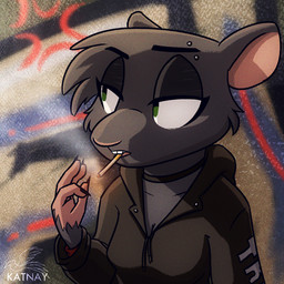 4_fingers abstract_background anthro black_clothing black_jacket black_topwear breasts cheek_tuft choker cigarette claws cleavage clothed clothing drawstring eyebrow_piercing eyebrows facial_piercing facial_tuft female finger_claws fingers fur green_eyes grey_body grey_fur head_tuft jacket jewelry necklace piercing pink_nose smoke smoking solo topwear tuft katnay dominique_(katnay) mammal mouse murid murine rat rodent 1:1 digital_media_(artwork) half-length_portrait hi_res portrait