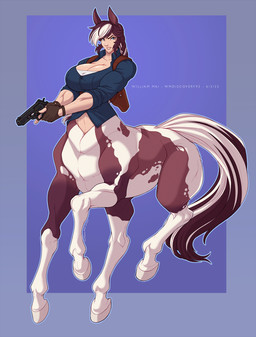 big_breasts breasts brown_body brown_fur brown_hair cleavage clothed clothing female female_taur fingerless_gloves fur gloves gun hair handgun handwear holster hooves multicolored_body multicolored_fur multicolored_hair muscular muscular_female muscular_taur quadruped ranged_weapon revolver solo split_form two_tone_body two_tone_fur two_tone_hair weapon white_body white_fur white_hair wmdiscovery93 european_mythology greek_mythology mythology centaur equid equid_taur humanoid_taur mammal mammal_taur taur hi_res