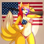 alternative_fashion american_flag american_flag_bikini anthro ar-15 assault_rifle bikini biped black_nose blue_eyes breasts cleavage clothed clothing clothing_ring female flag flag_background flag_bikini flag_clothing flag_print flag_swimwear fur glint gun hair looking_at_viewer m16 markings mole_(marking) multi_tail multicolored_hair o-ring o-ring_bikini o-ring_bikini_top o-ring_swimwear pose print_bikini print_clothing print_swimwear ranged_weapon rifle ring_(hardware) scene_(fashion) scene_haircut skimpy smile solo spotlight standing stoner_rifle swimwear tail two-piece_swimsuit united_states_of_america weapon weapon_glint yellow_body yellow_fur aimi mayfield grace_kaiser canid canine fox mammal 1:1 2013 digital_media_(artwork) hi_res shaded