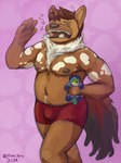 anthro bottomwear clothing eyes_closed hair male musclegut muscular muscular_anthro muscular_male nipples open_mouth pecs shirtless simple_background solo standing tail tired tired_eyes tusks underwear yawn malle_yeno villam_(randsom) chimera mammal procyonid raccoon absurd_res hi_res