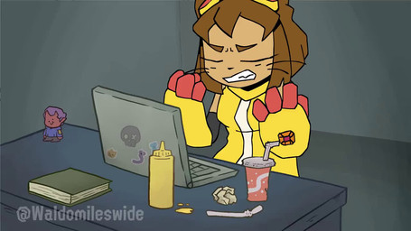 4_fingers anthro armwear bendy_straw blinking book breasts brown_body brown_fur brown_hair cameo clothing computer condiment_bottle container crumpled_paper cup desk dialogue disposable_cup drinking_straw electronics eyewear eyewear_on_head female fingers food fur furniture goggles goggles_on_head hair humor inside laptop logo mustard mustard_bottle paper parody scene_parody self_search shocked short_hair solo spilled_liquid sticker surprised table text toy whiskers wide_eyed yellow_clothing waldomileswide gameoverse glitch_productions ted_(franchise) there's_so_much_porn! kit_bodega rubberross_(character) domestic_cat felid feline felis mammal 16:9 2026 2d_animation animated artist_name digital_media_(artwork) english_text flat_colors meme reaction_image short_playtime sound video voice_acted watermark widescreen