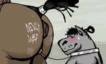 anal anthro anthro_on_feral anus anus_marriage asinus bestiality black_hair blush blushing_male bodily_fluids brown_body brown_butt butt butt_focus chunkolilt collar donkey duo ears_up english_text equid equine equine_anus feral grey_body hair hair_bun hi_res horse horse_tail leash leashed_collar male male/male mammal messy_hair metal_collar musk musk_clouds musky_balls musky_butt oral puffy_anus questionable_consent raised_tail rimming sex sweat sweatdrop tail text text_on_body