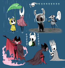 2_horns ambiguous_gender anthro biped black_body black_eyes cloak clothed clothing coat cucumber fingers food fruit gameplay_mechanics group gui health_bar hollow_eyes horn leaf melee_weapon plant pose raincoat raining red_eyes sitting standing text topwear weapon white_text yellow_raincoat arizuka00 hollow_knight_(franchise) team_cherry grimm_(hollow_knight) hollow_knight_(character) hornet_(hollow_knight) pale_king_(hollow_knight) quirrel_(hollow_knight) the_knight_(hollow_knight) arthropod vessel_(species) 2019 hi_res japanese_text father_(lore) father_and_child_(lore) parent_(lore) parent_and_child_(lore)