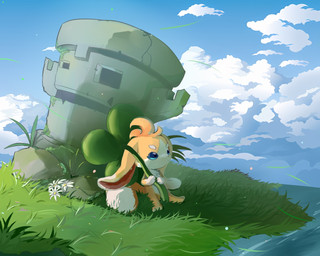 anthro blue_eyes blue_sky claws cloud clover_(plant) clover_leaf creek flower four_leaf_clover fur grass holding_object holding_umbrella leaf paws plant river sculpture sky statue tail umbrella water yellow_body yellow_fur ptfe roco_kingdom unknown_species 5:4