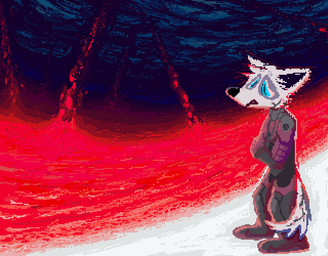 anthro blue_sky clothing detailed_background fur male outside red_water sky solo suit white_body white_fur demensa canid canine canis domestic_dog mammal 2020 digital_media_(artwork) pixel_(artwork)