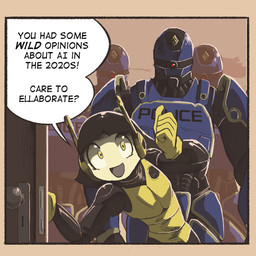 1_eye 2_antennae ai_generated_media_(subject) ambiguous_gender biped black_body black_hair blue_body clothing dialogue door female gesture gloves group hair hand_gesture handwear looking_at_viewer machine open_door open_mouth pointing pointing_back police police_officer shirt short_hair size_difference smaller_female smile speech_bubble standing talking_to_viewer tank_top text topwear white_face white_sclera yellow_clothing yellow_eyes yellow_gloves yellow_handwear yellow_shirt yellow_tank_top yellow_topwear kieran_harris unnamed_character android cyclops humanoid robot robot_humanoid 2024 digital_drawing_(artwork) digital_media_(artwork) english_text