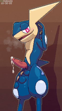 animal_genitalia aroused bedroom_eyes biped blue_body blue_markings blue_skin blush blush_lines bodily_fluids breath countershading cum cum_drip cum_string dripping feral front_view genital_fluids genital_slit genitals hand_behind_head hand_on_leg looking_at_viewer male markings membrane_(anatomy) multicolored_body narrowed_eyes nude open_mouth open_smile orange_background penis pink_eyes pink_penis presenting presenting_penis seductive semi-anthro shadow simple_background slim smile solo standing tan_body tan_countershading tan_skin tapering_penis tongue two_tone_body vein veiny_penis webbed_hands wet white_markings conditional_dnp phosaggro nintendo pokemon amphibian frog generation_6_pokemon greninja pokemon_(species) 2020 9:16 dated digital_media_(artwork) hi_res pixel_(artwork) watermark