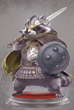 anthro armor biped black_nose fur grey_body grey_fur headgear helmet humanoid_hands melee_weapon shield solo sword weapon handstandhippo mammal procyonid raccoon 2022 hi_res