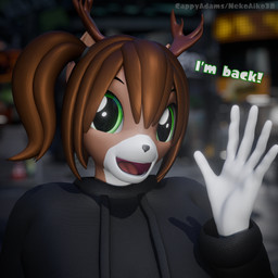 black_clothing black_hoodie black_topwear blurred_background brown_hair clothed clothing female gesture green_eyes hair hoodie solo topwear waving cappyadams hasbro my_little_pony angie_(cappyadams) deer mammal 1:1 3d_(artwork) blender_(artwork) blender_cycles_(artwork) digital_media_(artwork) hi_res