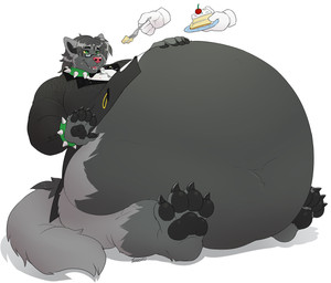 anthro belly big_belly black_body black_fur bloated cake cutlery dessert disembodied_hand duo eyewear feeding food fork fur glasses green_eyes huge_belly kitchen_utensils male obese overweight pink_nose plate simple_background solo_focus stuffing tools white_background yellow_sclera takesu nintendo pokemon canid canine canis domestic_dog generation_3_pokemon mammal pokemon_(species) poochyena