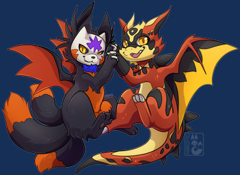 3_tails black_body black_fur black_markings duo feral fur hand_holding looking_at_viewer loom male markings mask multi_tail open_mouth pawpads paws red_body red_fur simple_background smile smirk spread_wings tail transparent_background wings yellow_eyes yellow_markings uluri mythology reji canid canine dragon fox mammal mythological_creature mythological_scalie reptile scalie alpha_channel hi_res