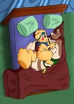 bed cuddling duo feral furniture hug male male/male pillow midnight_meowth nintendo pokemon sparkychu furret generation_1_pokemon generation_2_pokemon pikachu pokemon_(species) absurd_res hi_res