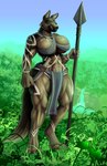 anthro big_breasts bottomwear breasts clothing exposure_variation female hunter loincloth markings melee_weapon muscular muscular_female polearm solo spear tall_girl tribal tribal_markings warrioress weapon arekage canid canine canis domestic_dog german_shepherd herding_dog mammal pastoral_dog absurd_res hi_res