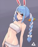 bandeau blue_hair braided_hair breasts clothing female hair lingerie navel pigtails slim small_breasts solo standing topwear donburikazoku hololive vtuber usada_pekora animal_humanoid humanoid lagomorph lagomorph_humanoid leporid_humanoid mammal mammal_humanoid rabbit_humanoid 2020 hi_res