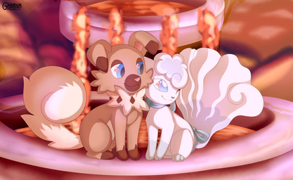 ambiguous_gender black_nose bow_ribbon brown_body brown_fur duo feral fountain fur multi_tail pink_nose ribbons sunset tail white_body white_fur garruuk lore_of_unity_(copyright) nintendo pokemon darious_(lightsoul) fan_character ribbon_(lightsoul) alolan_form alolan_vulpix generation_7_pokemon pokemon_(species) regional_form_(pokemon) rockruff