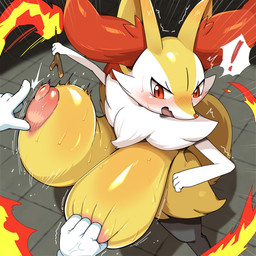 anthro areola big_breasts blush breast_grab breast_pull breasts female fire fur hand_on_breast huge_breasts hyper hyper_breasts inner_ear_fluff motion_lines nipples nude solo tuft white_body yellow_body yellow_fur obikuragetyan nintendo pokemon braixen canid canine generation_6_pokemon mammal pokemon_(species) 1:1 hi_res