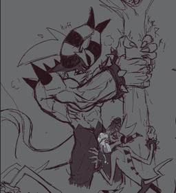 anthro big_penis blush blush_lines bodily_fluids bracelet claws crooked_tail duo eyebrows genitals hair horn jewelry knot knot_lick knotted_penis licking long_tail long_tongue male male/male mohawk muscular muscular_male oral penis plant ponytail saliva sharp_teeth size_difference spiked_bracelet spikes striped_horn stripes sweat tail teeth thick_eyebrows tongue tongue_out tree spiceskeleton asian_mythology east_asian_mythology japanese_mythology mythology sega sonic_the_hedgehog_(series) the_deadly_six zavok zazz demon humanoid oni yokai zeti zeti_(species) hi_res sketch