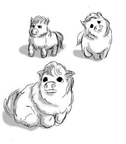 ambiguous_feral ambiguous_gender angry big_nose confusion feral front_view head_tilt mouth_closed narrowed_eyes sitting solo standing tail young young_ambiguous young_feral carpdime fluffy_pony fluffy_pony_(species) mammal digital_media_(artwork) monochrome shaded sketch