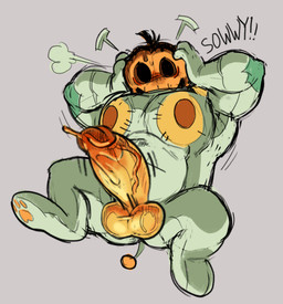 balls big_muscles big_pecs big_penis blush bodily_fluids dripping erection for_a_head genital_fluids genitals glans male muscular muscular_male pecs penis precum precum_drip pumpkin_head solo vein veiny_penis harlequinkiller deltarune undertale_(series) jackenstein ambiguous_species object_head