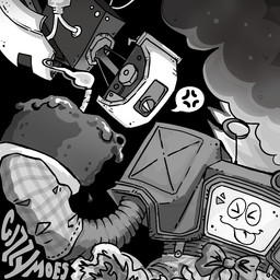 ambiguous_gender angry antenna_wire bow_tie cake candle cathode_ray_tube clothing computer dessert duo electronics emanata food glaring_at_another handwear machine not_furry oven_mitts screen screen_face text tongue tongue_out gizzymoes fallout microsoft portal_(series) valve glados yes_man_(fallout) humanoid robot securitron_(fallout) artist_name black_and_white monochrome female_(lore) male_(lore)