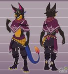 anthro belt bottomwear clothed clothing costume facial_piercing male nose_piercing nose_ring pants piercing poncho ring_piercing solo conditional_dnp draite mythology bruvelighe bat dragon hybrid mammal monster mythological_creature mythological_scalie scalie hi_res model_sheet