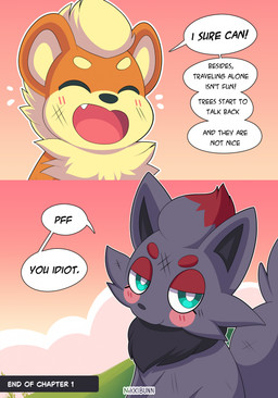 ambiguous_gender black_body black_fur blush cute_fangs detailed_background dialogue duo exclamation_point eyes_closed fangs feral fur multicolored_body multicolored_fur open_mouth open_smile orange_body orange_fur quadruped red_body red_fur smile speech_bubble teeth text tongue yellow_body yellow_fur nikkibunn nintendo pokemon gunther_(mating_season) generation_1_pokemon generation_5_pokemon growlithe pokemon_(species) zorua 2025 comic english_text hi_res