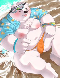 aloha_shirt anthro ball_slip balls beach belly blush clothing eyebrows eyewear eyewear_on_head fur genitals goggles goggles_on_head male moobs navel nipples overweight pattern_clothing pattern_shirt pattern_topwear pupils shirt slit_pupils solo speedo swimwear thick_eyebrows topwear white_body white_fur dagehot xxl_woofia paul_the_polar_bear bear mammal polar_bear ursine absurd_res hi_res