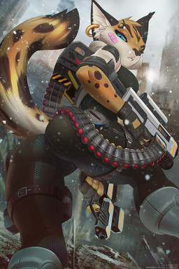 5_fingers anthro band-aid bandage breasts butt clothed clothing ear_piercing female fingers fully_clothed gun holding_gun holding_object holding_ranged_weapon holding_weapon looking_at_viewer outside piercing ranged_weapon science_fiction snow solo standing weapon miles_df nintendo star_fox miyu_(star_fox) felid feline lynx mammal 2018 digital_media_(artwork)
