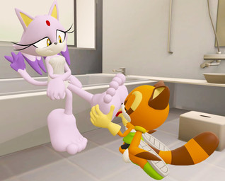 5_toes anthro bathrobe bathroom bathtub clothing confusion duo eyes_closed feet female female/female foot_fetish foot_focus foot_grab foot_lick inside kneeling licking orange_body purple_body robe toes tongue young young_anthro young_female thomasfuggincat sega sonic_the_hedgehog_(series) blaze_the_cat marine_the_raccoon felid feline mammal procyonid raccoon 3d_(artwork) digital_media_(artwork)